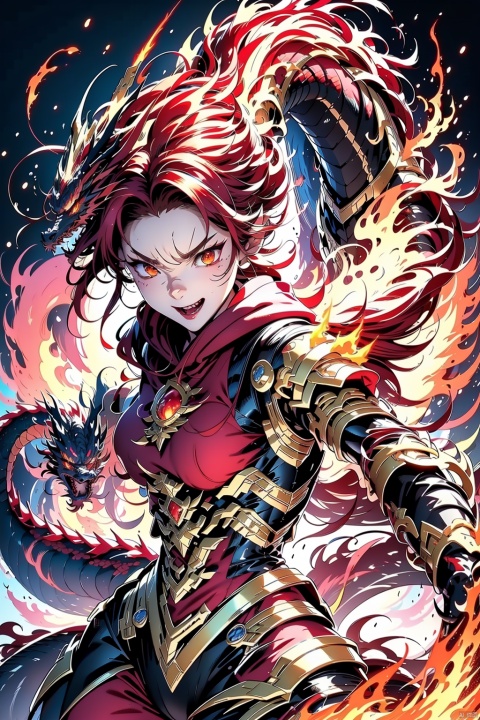  (（fire elemental dragon）), fire red hair, red hoodie, detailed drawing of fighting pose (fire magic), shooting fire from hands, mechpp, (\long yun heng tong\), (\long wang ga ma\)