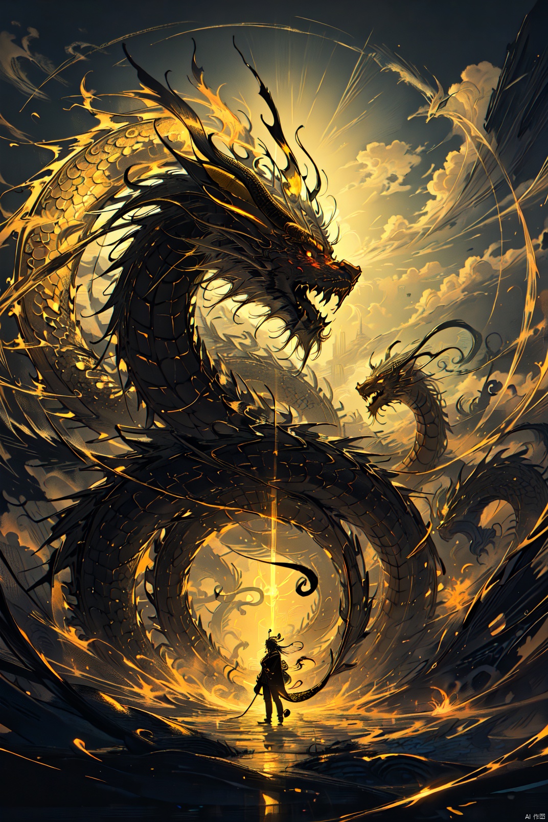  Chinese dragon, golden scales, clouds, beard, mystery, Laser eye，Eyes shining, there's a π element on the head, there's a π sign,(\long wang ga mal)