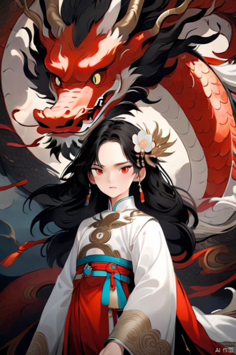 quality,ultra-detailed,intricate details,highres,extremely detailed 8k cg wallpape,((ancient costume:1.2),(walk side by side:1.3),(hair binding:1.3),male focus, jewelry, red eyes, black hair, earrings, solo, long hair, hair ornament, looking at viewer, upper body, chinese clothes, closed mouth，Chinese god dragon, white god dragon, white scale, god dragon surrounds the girl