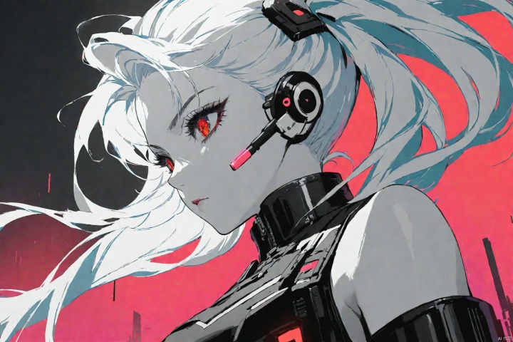 masterpiece, best quality,1girl, solo, floating hair, spot color,bare shoulders, red eyes, eyelashes,two ponytails, facial close-up,secret service,white hair,gun shooting,cool,pistol,Armed, (\shen ming shao nv\), high contrast,A cyberpunk girl,simple background