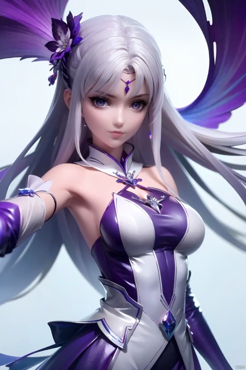  masterpiece,best quality,1girl, solo, hair ornament, dress, long hair, purple dress, white hair, bare shoulders, detached sleeves, cowboy shot, dynamic pose, dynamic angle