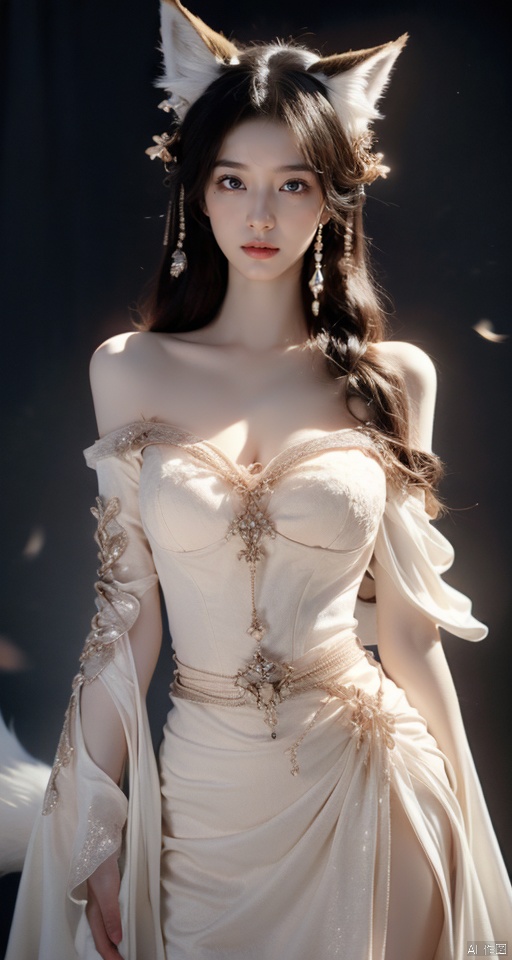  beautiful cute crystal girl in 16 years old, detailed evil eyes, (incredible details, cinematic ultra wide angle, depth of failed, hyper detailed, insane details, hyper realistic, high resolution, cinematic lighting, soft lighting, incredible quality, Realistic Skin,Solo,beautiful face,Large Breasts,((Sheer Dress)),lowleg,(off-shoulder dress),(One shoulder strap fell off),Long Wavy Hair, Cowboy Shot, Smooth shoulders,Slim Waist,dynamic shot,Hair with scenery,The eye,yuyao,(huliya,fox,(fox ears:1))，nude
