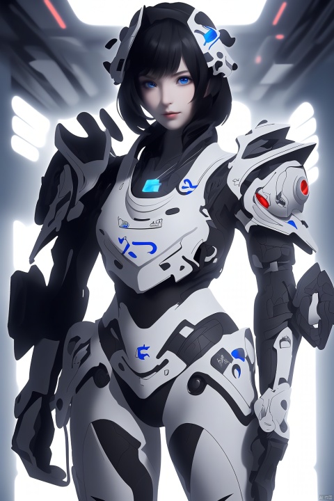  1girl, solo, looking at viewer, blue eyes, black hair, science fiction, headgear, holding, lips, gloves, cowboy shot, armor, weapon
