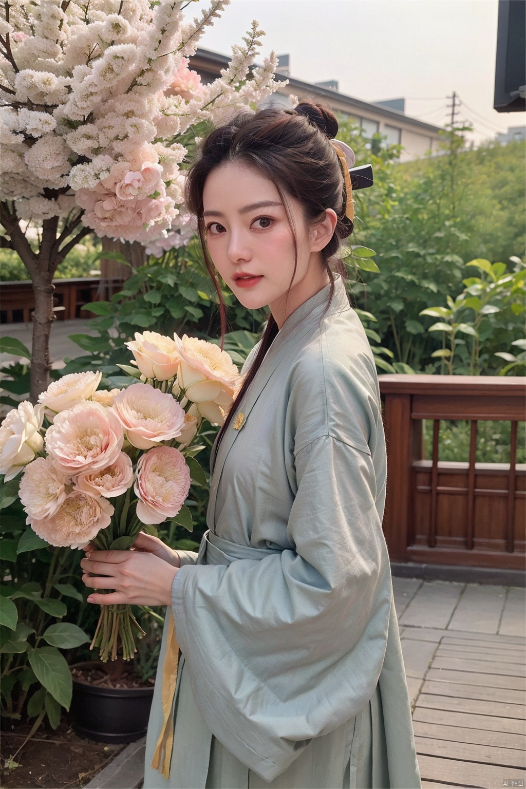  masterpiece,best quality,tang_hanfu,1girl,vicky,(spring,flowers:1.2),looking_at_viewer, hanfu