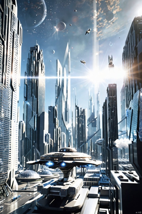  (masterpiece, best picture quality:1.3),realistic,SCI-FI City,scenery,science fiction,no humans,city,building,cityscape,sky,aircraft,outdoors,skyscraper,lens flare,cloud,spacecraft,