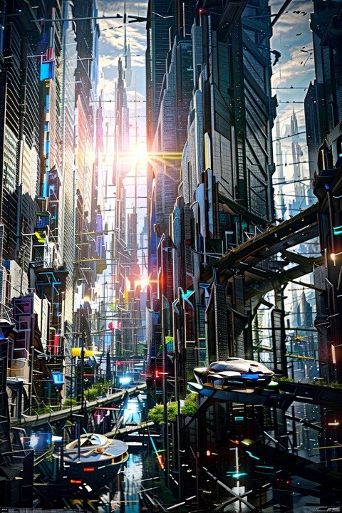 (masterpiece, best picture quality:1.3),realistic,SCI-FI City,scenery,science fiction,no humans,city,building,cityscape,sky,aircraft,outdoors,skyscraper,lens flare,cloud,spacecraft,sunlight,,