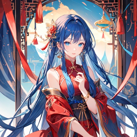  1girl, solo, long hair,deep blue hair,deep blue eyes, jewelry, looking at viewer, earrings, gem, necklace, red skirt, light particles, bangs, silk ribbons, chinese_clothes,