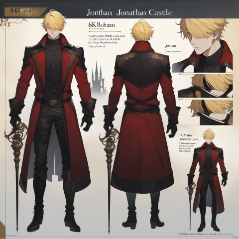  A yellow haired man holding a black whip with details, boots, red jacket, black leather pants, full body, character name Jonathan, 8k, Gothic castle background, high-precision details, bangs covering the eyes, pointed chin, multiple node reference images, composition art, Role concept,Role Focus,