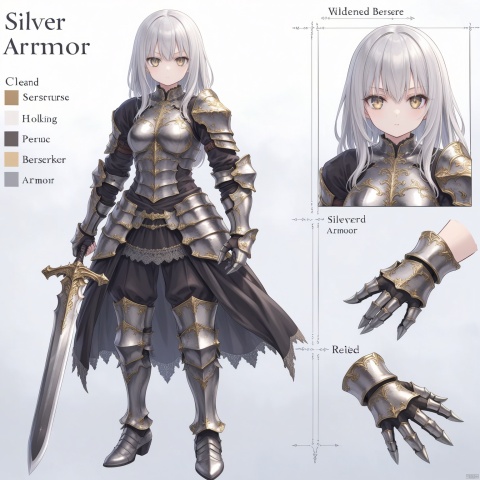  Armored Berserker, with silver European style relief and Gothic patterned armor, imposing, wielding weapons, wielding a long sword, flowing white hair, light and shadow, 8k, high-precision details, silver gray gold armor, shining eyes, wilderness background, chest armor details, shoulder armor details, clear contours, sparkling armor texture, full body armor, wrist guards, intricate details, correct hand structure, clear hand structure, detailed node diagram, reference chart, Role concept,Role Focus, loli