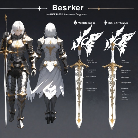 Armored Berserker, with silver European style relief and Gothic patterned armor, imposing, wielding weapons, wielding a long sword, flowing white hair, light and shadow, 8k, high-precision details, silver gray gold armor, shining eyes, wilderness background, chest armor details, shoulder armor details, clear contours, sparkling armor texture, full body armor, wrist guards, intricate details, correct hand structure, clear hand structure, detailed node diagram, reference chart, Role concept,Role Focus