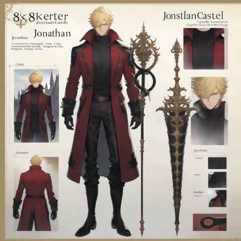 A yellow haired man holding a black whip with details, boots, red jacket, black leather pants, full body, character name Jonathan, 8k, Gothic castle background, high-precision details, bangs covering the eyes, pointed chin, multiple node reference images, composition art, Role concept,Role Focus,