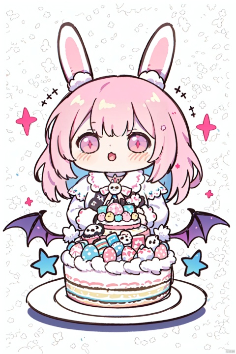 official art,unity 8k wallpaper,ultra detailed,beautiful and aesthetic,High quality,beautiful,masterpiece,best quality,(zentangle, mandala, tangle, entangle:0.6),flat color,limited palette,low contrast,1girl,a cute girl serving cake to demons,pink,bright pastel colors,kawaii,(horror),eerie,rabbit skull,goat skull,in hell,creepy,demons,claws,best lighting,, 30710