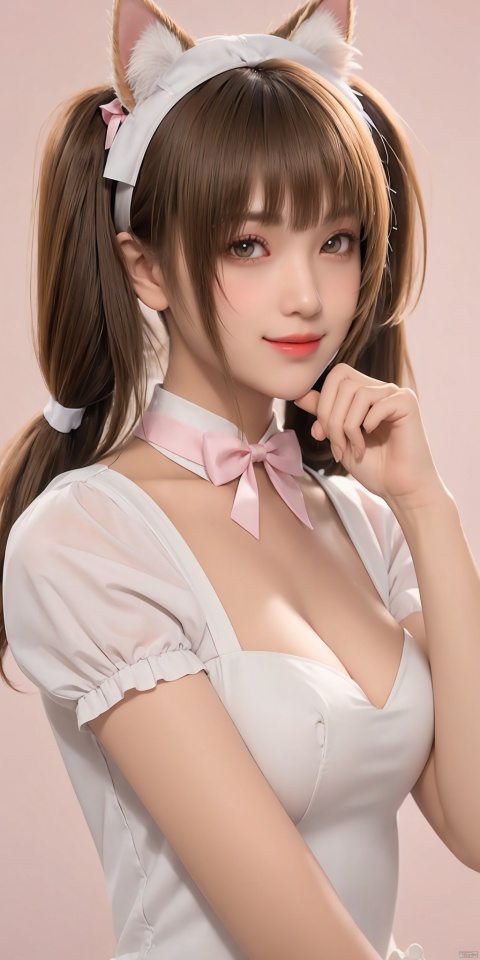  1girl, solo, long hair, breasts, looking at viewer, blush, smile, open mouth, bangs, simple background, brown hair, hair ornament, bow, ribbon, animal ears, cleavage, twintails, brown eyes, medium breasts, hair ribbon, upper body, short sleeves, :d, heart, frills, fang, puffy sleeves, artist name, cat ears, blunt bangs, bowtie, collar, puffy short sleeves, animal ear fluff, wrist cuffs, maid, hands up, maid headdress, bell, :3, pink background, white bow, cat girl, pink bow, white ribbon, jingle bell, neck bell, pink ribbon, paw pose, pink bowtie
