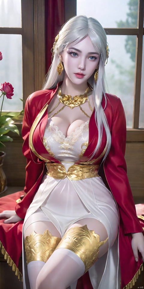  1 girl, single, long hair, (huge bust size :1.6), looking at the audience, white hair, jewelry, gold lace underwear, jacket, earrings, white lace halter stockings, red dress, red jacket, lace-trimmed gaiters, indoor, holding flowers, petals, window outside lotus pond