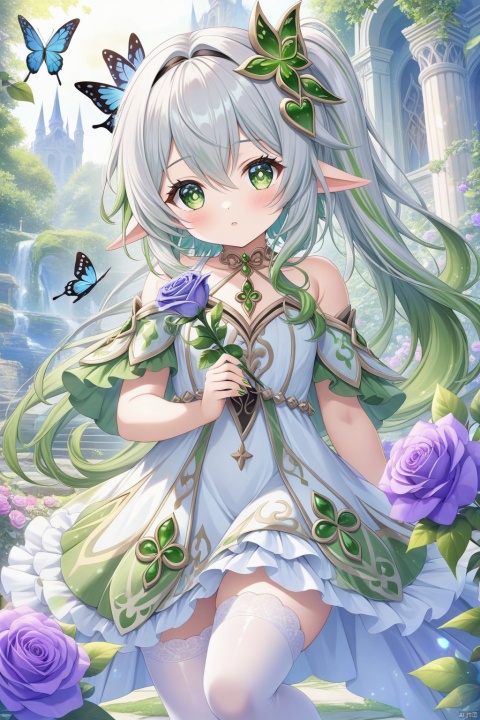  (Masterpiece), (best quality), Illustration, Super Detail, hdr, Depth of Field, (color), a 5 year old girl, (Pudgy figure: 1.5), Cute, (White Stockings: 1.5) 1.2), purple flower, blue rose, Rose, nahida (genshin influence), solo, green eyes cross eyes, flowers, pointed ears, butterfly, side ponytail, holding, insect, red nails, clothes, holding flowers, white hair, looking at the audience, long hair, jewelry, hair ornaments, alternating clothing, hair between the eyes, green hair, Symbol shaped pupil, ruffles, white translucent clothing, Necklace, Headband, Green nails, nail Polish, Black Necklace, Bare Shoulders, Upper body, collarbone, Multi-colored hair, Off-the-shoulder, Earrings, Off-the-Shoulder Dress, Lolita Fashion, Cover Mouth, White Rose, Green Flower, Gemstone, Long sleeve, Black tiara, (Cross shaped pupil: 1.5), +.+, (Bare feet: 1.5), chubby feet