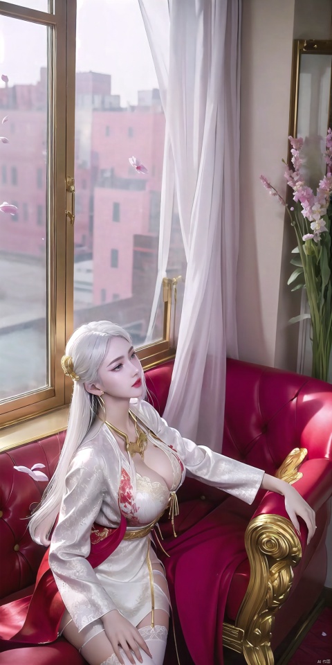 1 girl, single, long hair, (huge bust size :1.6), looking at the audience, white hair, jewelry, gold lace underwear, jacket, earrings, white lace halter stockings, red dress, red jacket, lace-trimmed gaiters, indoor, holding flowers, petals, window outside lotus pond