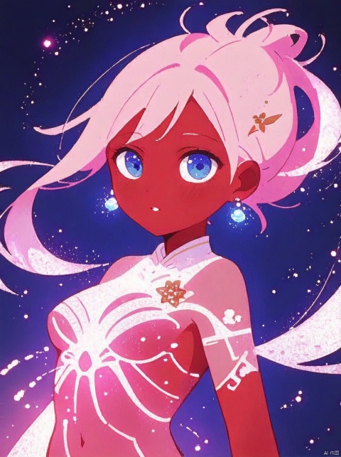 (pink light particles：1.3),Light particle skin,Light particle energy fluid,(Light particles covering the body),Light Particle Art,Light particle effects,1girl,red skin,blue eyes,earrings,jewelry,light particles,parted lips,pink hair,solo,Light particles covering the body, glow, Neon light background