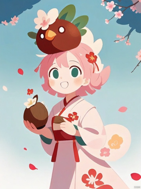 Coconut chicken,The image showcases two animated characters. On the left is a creature resembling a Chicken with large, expressive eyes and a coconut shell-like body. The creature has green leaves sprouting from its head. On the right is a young girl with a cheerful expression, wearing a traditional outfit with a hat adorned with symbols and a red ribbon. She has a pink bow in her hair and is holding a small object in her hand. The background is a muted teal color, and there are scattered petals on the ground.