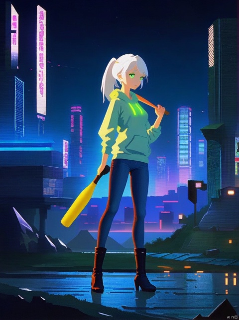 White hair, green eyes, female, wearing a tight light hoodie, skinny jeans, cyberpunk background, distant city, light pollution, light pollution, neon lights, in the wilderness, sexy figure, black knee-high boots, night, baseball bat in hand, baseball bat carried on the shoulder