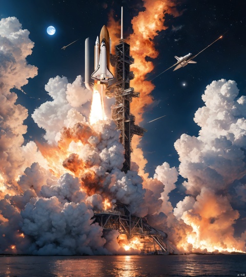 1 space shuttle is launching FROM The John F. Kennedy Space Center located on Merritt Island, Florida,, ((AT NIGHT TIME))magnificent flame and smoke, best quality, clear sky, MOON, STARS photorealistic, DonMPl4sm4T3chXL ,Renaissance Sci-Fi Fantasy,EpicSky