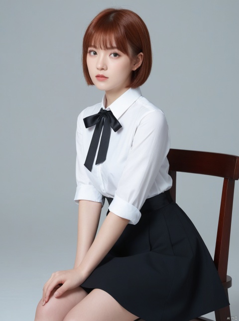 female,(masterpiece, best quality, ultra detailed, absurdres)1.5,white shirt black dress neck ribbon,1girl short hair,demonictech, red hair, bangs, sitting, from_behind, looking_at_viewer