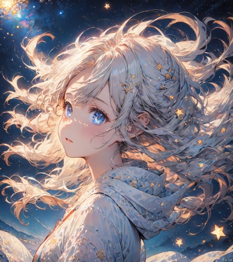 {{best quality}}, {{masterpiece}}, {{ultra-detailed}}, {illustration}, {detailed light}, {an extremely delicate and beautiful}, a girl, {beautiful detailed eyes}, stars in the eyes, messy floating hair, colored inner hair, Starry sky adorns hair, depth of field