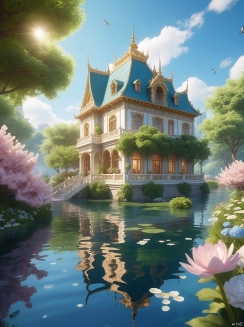 (extremely detailed CG unity 8k wallpaper),(((masterpiece))), (((best quality))), ((ultra-detailed)), (best illustration),(best shadow), ((an extremely delicate and beautiful)),dynamic angle,floating, fairyland,dynamic angle,sea of flowers,beautiful detailed garden,wind,classic,spring, (detailed light),feather, nature, (sunlight), river, forest,(((floating palace))),((the best building)),beautiful and delicate water,(painting),(sketch),(bloom),(shine)