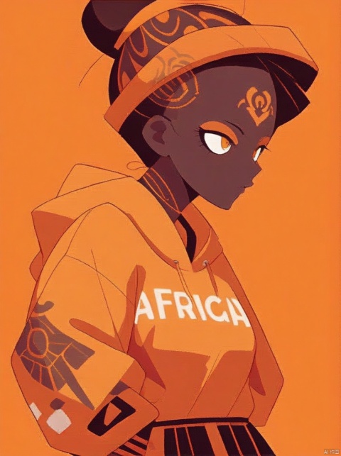 (A African black woman) holding big orange. Her decked out in an big orange themed ensemble,complete with a hoodie adorned. Her laid-back demeanor contrasts with the vibrant,spooky accessories. ((on an orange background)). array of tattoos,