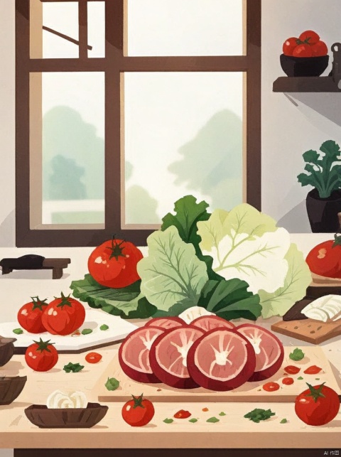  zhenkonji, no humans, food, vegetable, tomato, kitchen, food focus, window, blurry, onion, still life, lettuce, cutting board, meat, indoors