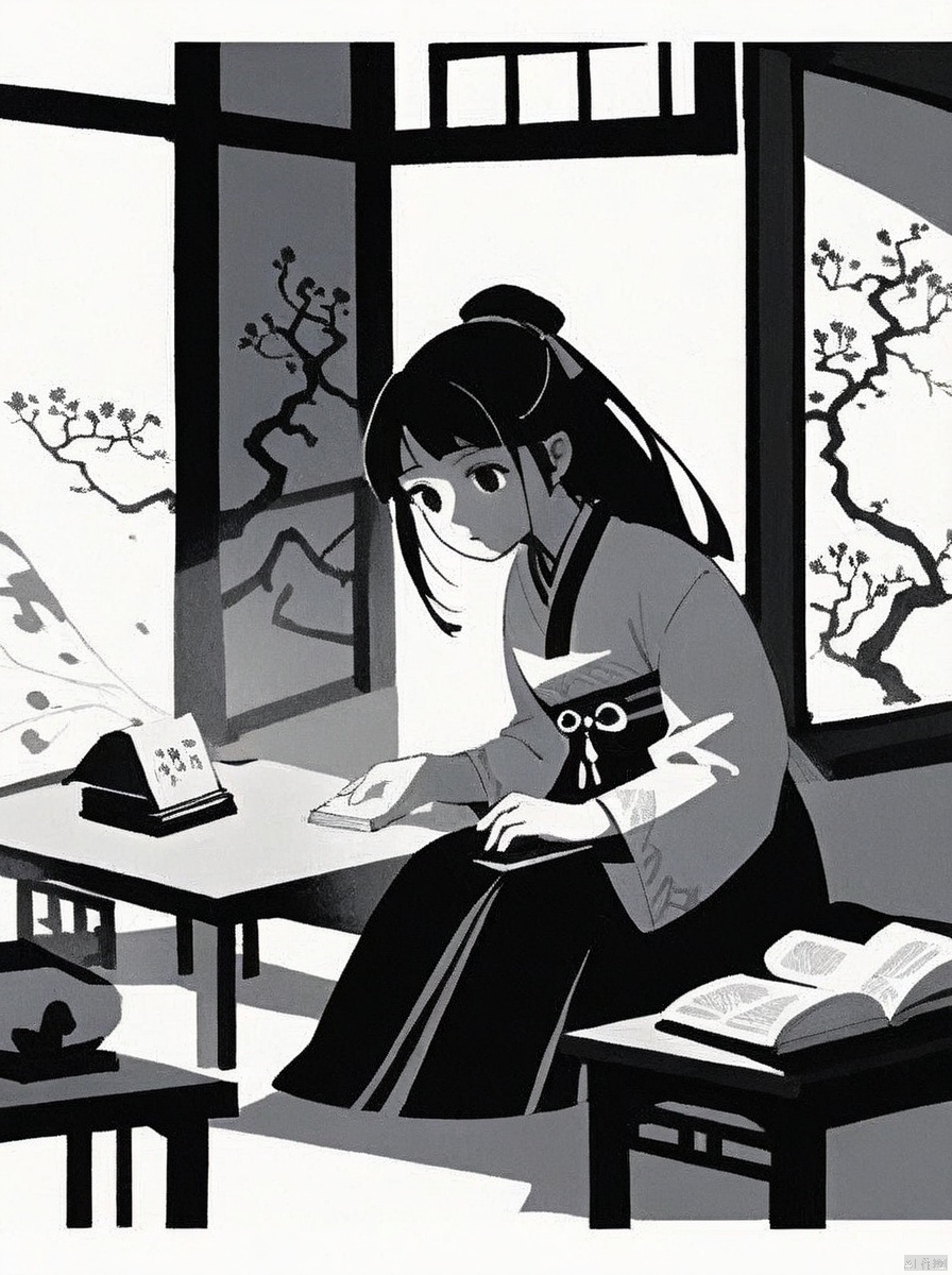 The young woman, in a simple Wei and Jin dynasty Hanfu, sits by the window of an ancient academy. Sunlight filters through the carved window lattice, casting dappled shadows on her desk. Her eyes are focused, a book of ancient wisdom in her hands. The simplicity of her Hanfu complements the quiet of the academy, and light and shadow dance across the pages, creating a serene study atmosphere., traditional chinese ink painting