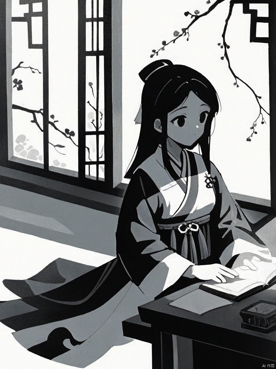 The young woman, in a simple Wei and Jin dynasty Hanfu, sits by the window of an ancient academy. Sunlight filters through the carved window lattice, casting dappled shadows on her desk. Her eyes are focused, a book of ancient wisdom in her hands. The simplicity of her Hanfu complements the quiet of the academy, and light and shadow dance across the pages, creating a serene study atmosphere., traditional chinese ink painting