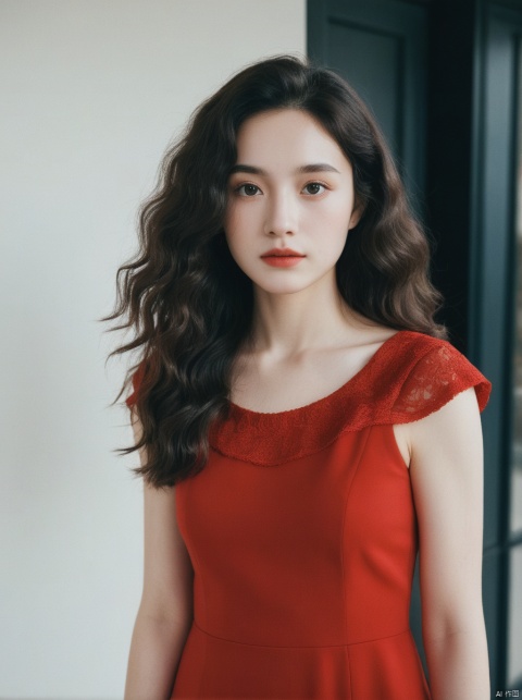 [woman with white skin: 1.2, long curly hair: 1.2, elegant red dress, flat nose, bright brown eyes], portrait, VSCO filter: C8)