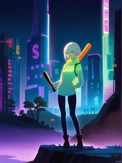 White hair, green eyes, female, wearing a tight light hoodie, skinny jeans, cyberpunk background, distant city, light pollution, light pollution, neon lights, in the wilderness, sexy figure, black knee-high boots, night, baseball bat in hand, baseball bat carried on the shoulder