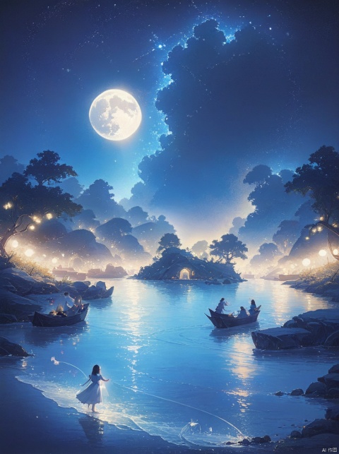 A beautiful painting of seaside under the starry sky, full moon hang on the sky, night, Kongming lights, light effect, fairytales, dreamy, highly detailed, Beeple, artstation.
