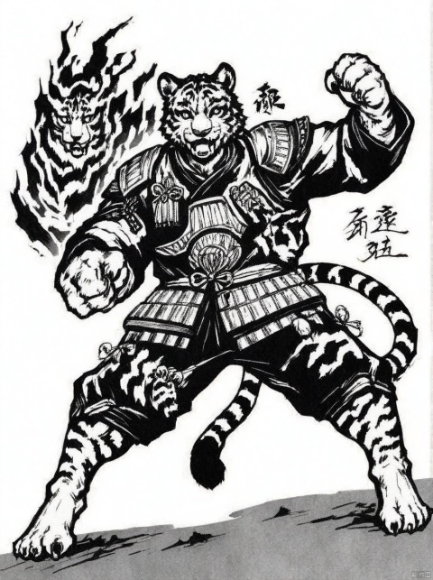  ink-painting,grayscale, monchrome,solo,1boy,male focus,armor,shoulder armor,tail,furry,white background,full body,animal ears,signature,looking at viewer,furry male,pauldrons,japanese armor,simple background,barefoot,pants,facial hair,fangs,tiger,tiger tail,tiger ears,open mouth,teeth,year of the tiger,muscular,
