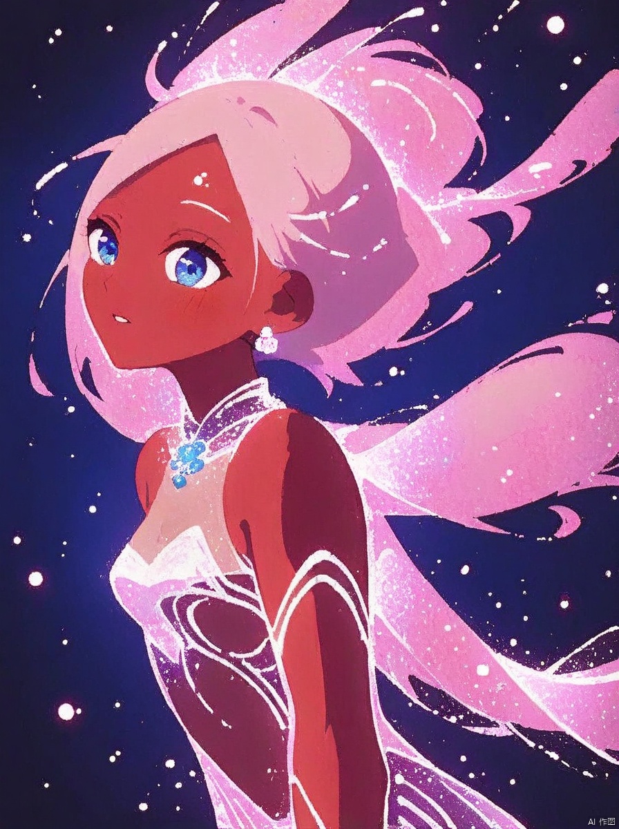 (pink light particles：1.3),Light particle skin,Light particle energy fluid,(Light particles covering the body),Light Particle Art,Light particle effects,1girl,red skin,blue eyes,earrings,jewelry,light particles,parted lips,pink hair,solo,Light particles covering the body, glow, Neon light background