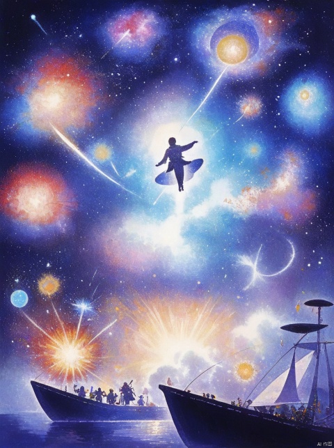  magic flying explorer approaching the pleiades aboard a magical sailboat in the sky,mist fog,gravity-defying,aloft flight,night sky,cosmic,outer space, planet,exploding galaxies,colorful,