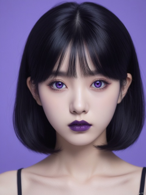 (((masterpiece))) anime style, cartoon, comic, anime comic, medium dark colors, soft tones, lighting details, generates an image of a 20-year-old a single gothic girl, black painted lips, pastel purple eyes, long black hair dark pastel purple background, the girls hair reaches her eyebrows, defined eyebrows