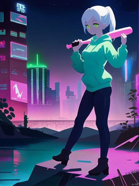 White hair, green eyes, female, wearing a tight light hoodie, skinny jeans, cyberpunk background, distant city, light pollution, light pollution, neon lights, in the wilderness, sexy figure, black knee-high boots, night, baseball bat in hand, baseball bat carried on the shoulder