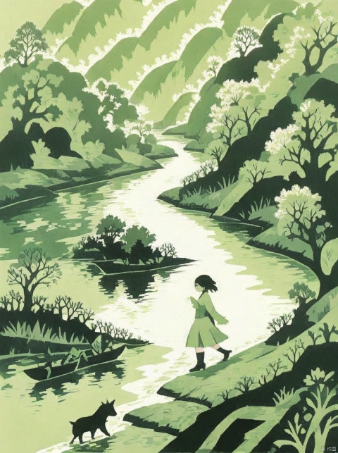 Paper cut art, green theme, a girl was walking by the river,1girl,river,walking