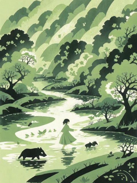 Paper cut art, green theme, a girl was walking by the river,1girl,river,walking