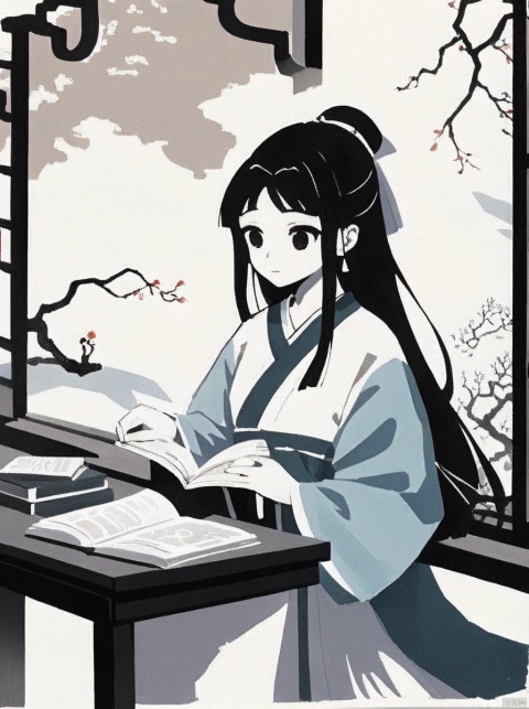The young woman, in a simple Wei and Jin dynasty Hanfu, sits by the window of an ancient academy. Sunlight filters through the carved window lattice, casting dappled shadows on her desk. Her eyes are focused, a book of ancient wisdom in her hands. The simplicity of her Hanfu complements the quiet of the academy, and light and shadow dance across the pages, creating a serene study atmosphere., traditional chinese ink painting