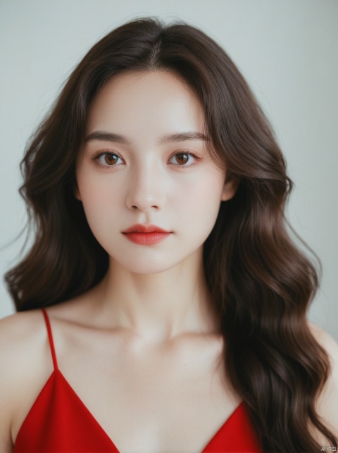 [woman with white skin: 1.2, long curly hair: 1.2, elegant red dress, flat nose, bright brown eyes], portrait, VSCO filter: C8)