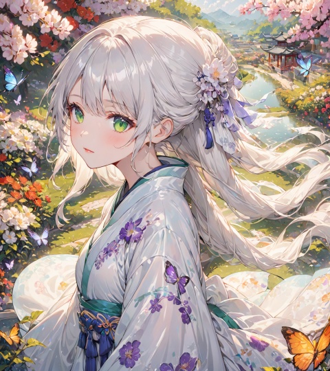 1 girl, solo, long white hair, shiny green eyes, detailed eyes, blink and youll miss it detail, silk hanfu, white robe hanfu, purple glittering butterflies, outdoors, flower garden, high quality, ancient chinese hanfu, floral background, very detailed