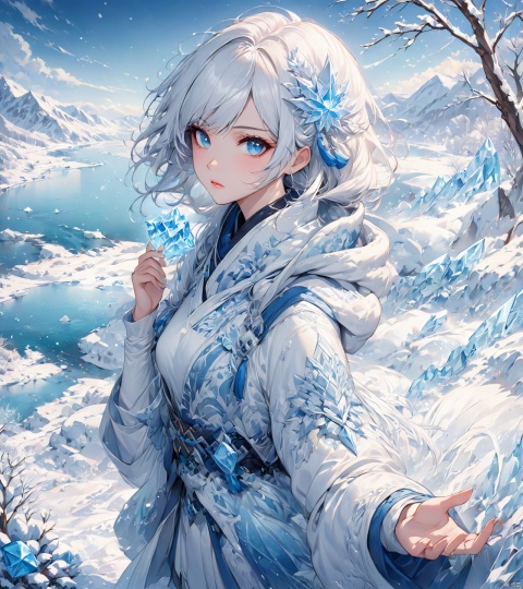 Illustrate a girl with the power of ice, featuring ice-white hair and clothing, set in a snowy landscape. Emphasize (((intricate details))), (((highest quality))), (((extreme detail quality))), and a (((captivating winter composition))). Use a palette of cool blues and whites, drawing inspiration from artists like Artgerm, Sakimichan, and Stanley Lau,midjourney