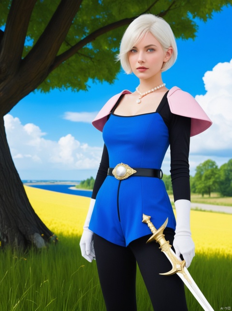 (masterpiece, best quality:1.1),thief (DQ3),1 girl,alone,short hair,white hair,blue eyes,medium breasts,pink gloves,jewelry,pearl necklace,earrings,belt,sword,yellow breastpiece,black jumpsuit,bag,(coin, sword on hip:1.2),(Dutch horn, dynamic posture, from side:1.3),(blue sky, nature: 1.2) 