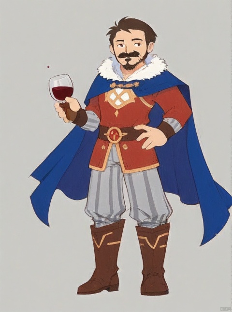 ash,Concept art,European and American cartoons,game character design,1boy,solo,male focus,grey background,striped pants,cup,beard,facial hair,holding,pants,standing,boots,wine glass,cape,simple background,blue cape,holding cup,grey pants,armor,drinking glass,full body,brown footwear,short hair,striped,hand on hip,alcohol,fur trim,closed mouth,looking at viewer,mustache,wine,long sleeves,smile,