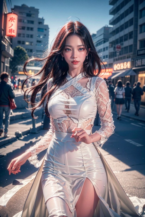  Best Quality, Hyper-Realistic, (Ultra High Resolution), Masterpiece, 8K, RAW Photo, Cover Art, Light, Photo Art, Realistic, Coat, Street, Night, Hotel, Hong Kong Wind, Movie Cover, Dynamic Angle, Close-up, Sight,Half body photo, xiqing, hy, neonrgbstyle, tutultb, asuo, , Girl, xihua, jewelry, orgdress, Ink scattering_Chinese style,yjmonochrome, chijian, purdress