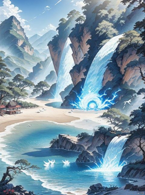  (Waterfall ),
 (sea ),
(Jet hole blue flame and lightning ),
(Adequate sunlight ),
(Optical materials ),
(Water in glass materials ),
(beach ),
(wonderland ),
Overlooking,,(sea ),,Representative,boutique, Ultra HD, 
, reflection, masterpiece, true light and shadow, wide Angle, outdoors, sky, day,
, blue sky, (no humans 99.9),nature, scenery, Water, beach, 
 (High Quality), Best Quality, (4K), 8K, Super Detail, (Full Detail), (Masterpiece), (Realistic), Super Detail, (Exquisite Detail), Intricate, Traditional Chinese Ink Painting,Mountain peaks, blue sky, flowing water,Wild goose, Scenery,  sea