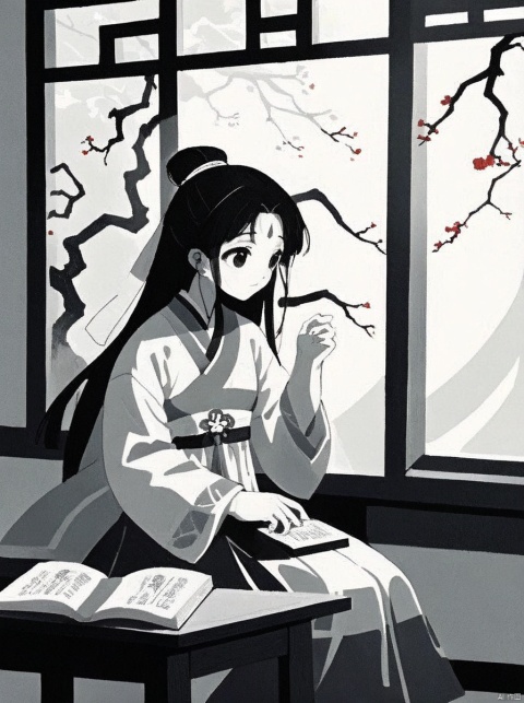 The young woman, in a simple Wei and Jin dynasty Hanfu, sits by the window of an ancient academy. Sunlight filters through the carved window lattice, casting dappled shadows on her desk. Her eyes are focused, a book of ancient wisdom in her hands. The simplicity of her Hanfu complements the quiet of the academy, and light and shadow dance across the pages, creating a serene study atmosphere., traditional chinese ink painting